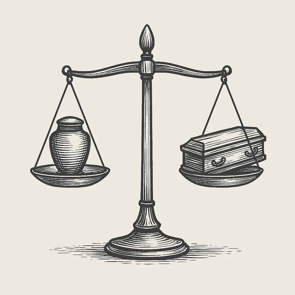 A balance scale with an urn and a coffin — symbolizing the choice between cremation and burial
